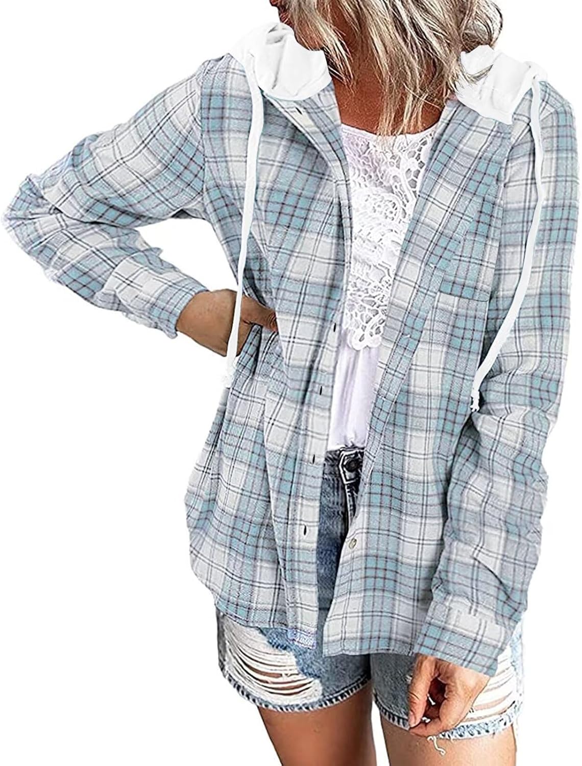 Detalle de LACOZY Women's Flannel Checked Shirt Hoodie – Loose Fit, Button-Down Buffalo Plaid Sweatshirt