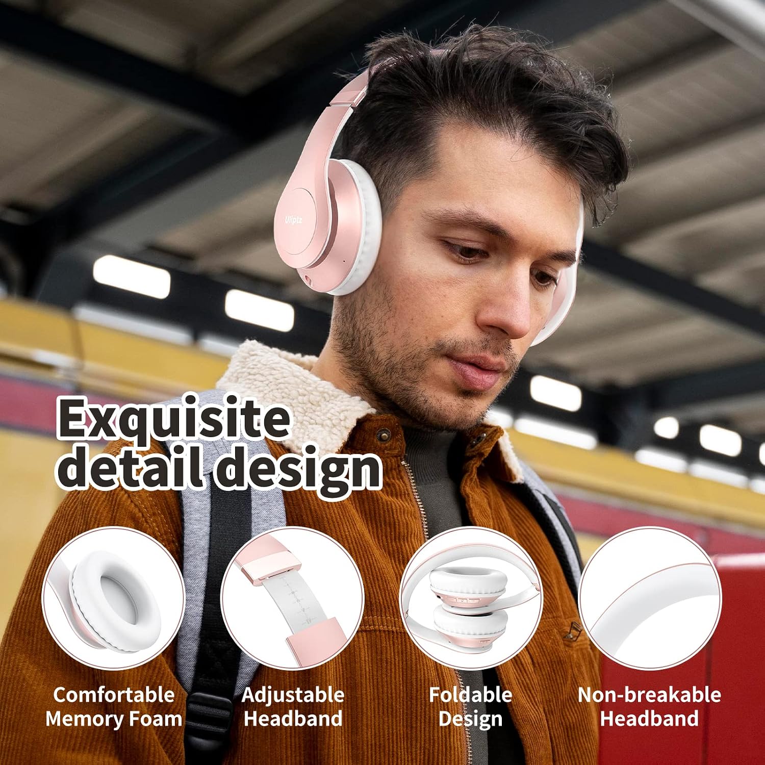 Detalle 2 de Uliptz kabellose Bluetooth-Over-Ear-Kopfhörer mit Mikrofon (65 Std. Spielzeit, 6 EQ-Modi, faltbar) – Roségold