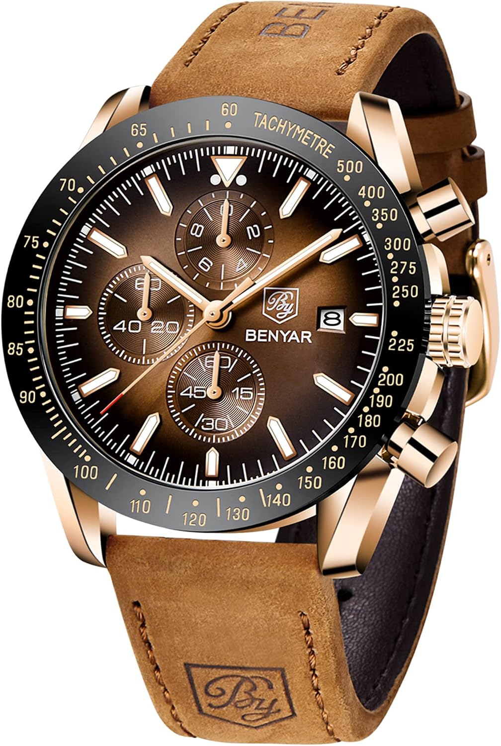 Detalle de BENYAR BY-5140 Men's Analogue Quartz Chronograph Watch with Brown Leather Strap