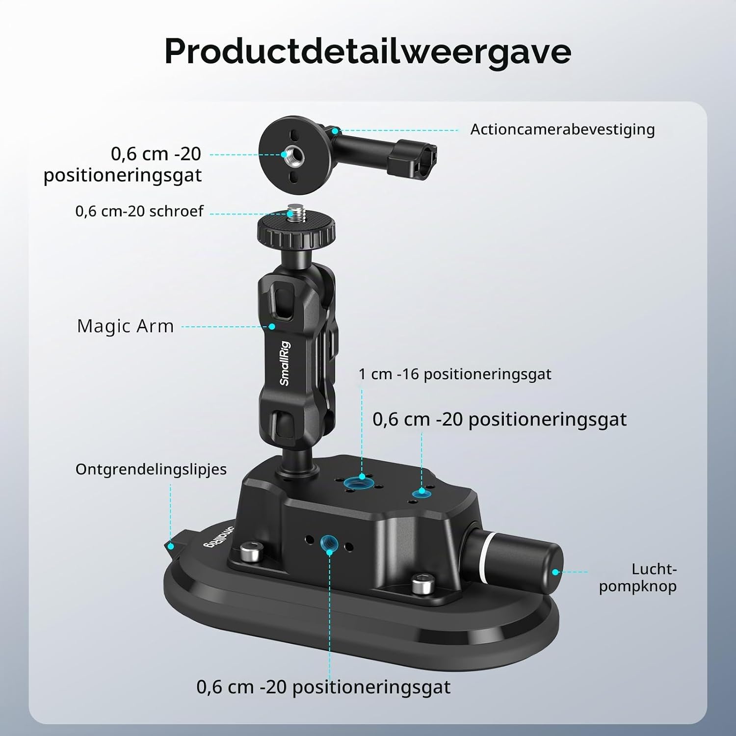 Detalle de SMALLRIG 5842 actiecamera-zuignap 3 x 6" met pompvergrendeling