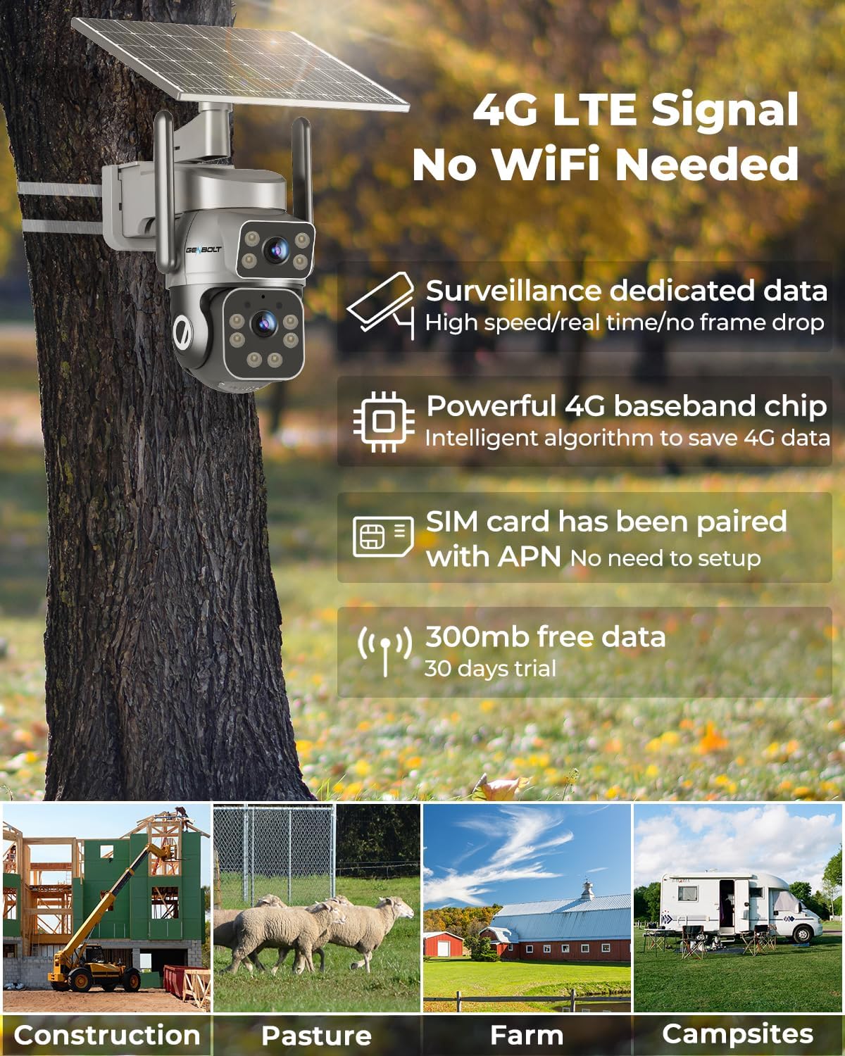 Thumbnail 1 de GENBOLT 4G LTE Solar Security Camera Outdoor Wireless no WiFi, 2K, 24/7 Recording, 2x Lens, 90ft AI Human Detection