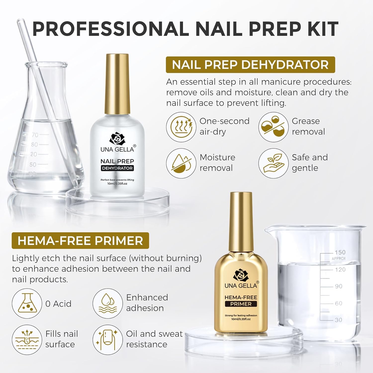Detalle de UNA GELLA Nail Primer & Nail Prep Dehydrator Set (10 ml) für Press-on, Acryl und Gel-Lack – Haftvermittler mit Anti-Lifting-Effekt