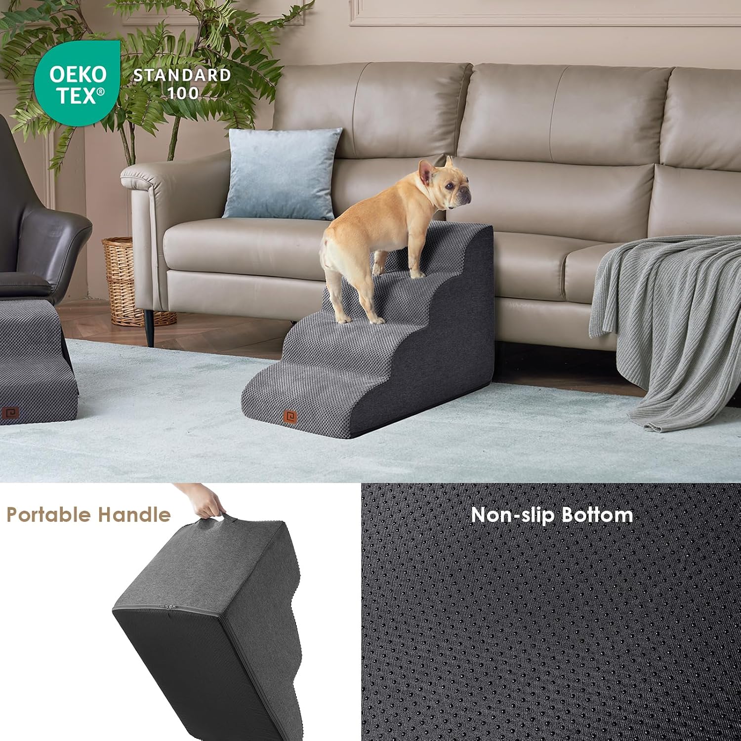 Detalle de EHEYCIGA Curved Dog Steps for Bed: 4-Step Foam Pet Stairs for Bed to Sofa