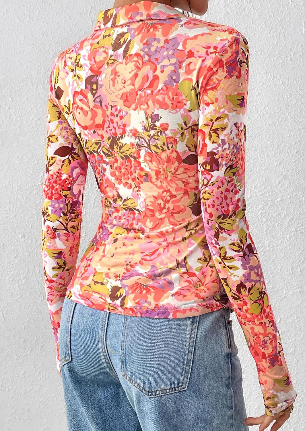Detalle de PRETTYGARDEN Women Button Down Floral Boho Blouse – Lightweight Mesh, Ruched Fitted Top
