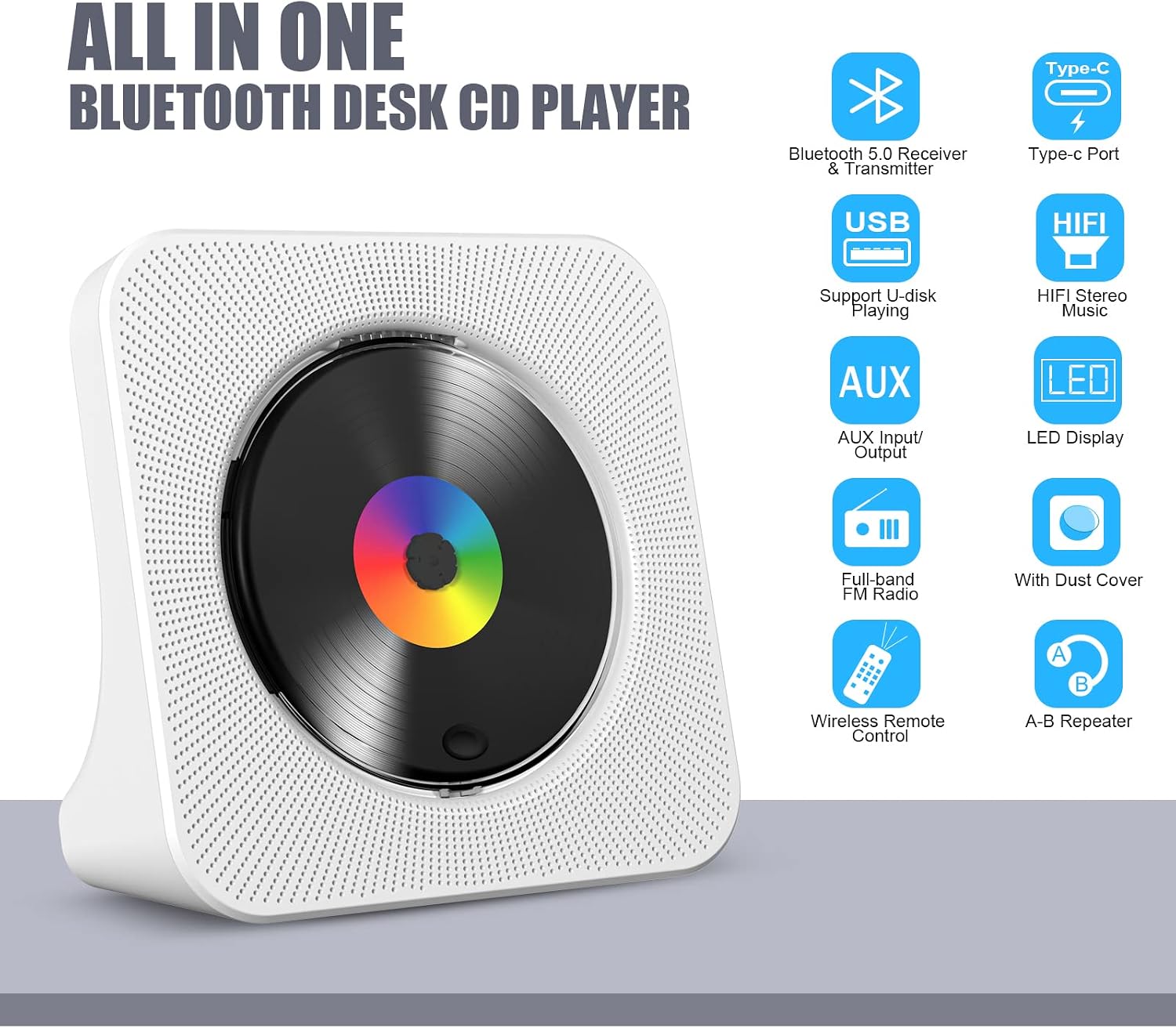 Detalle de Lecteur CD de Bureau Gueray 6-en-1 avec Bluetooth, Hi-Fi intégré et écran LED