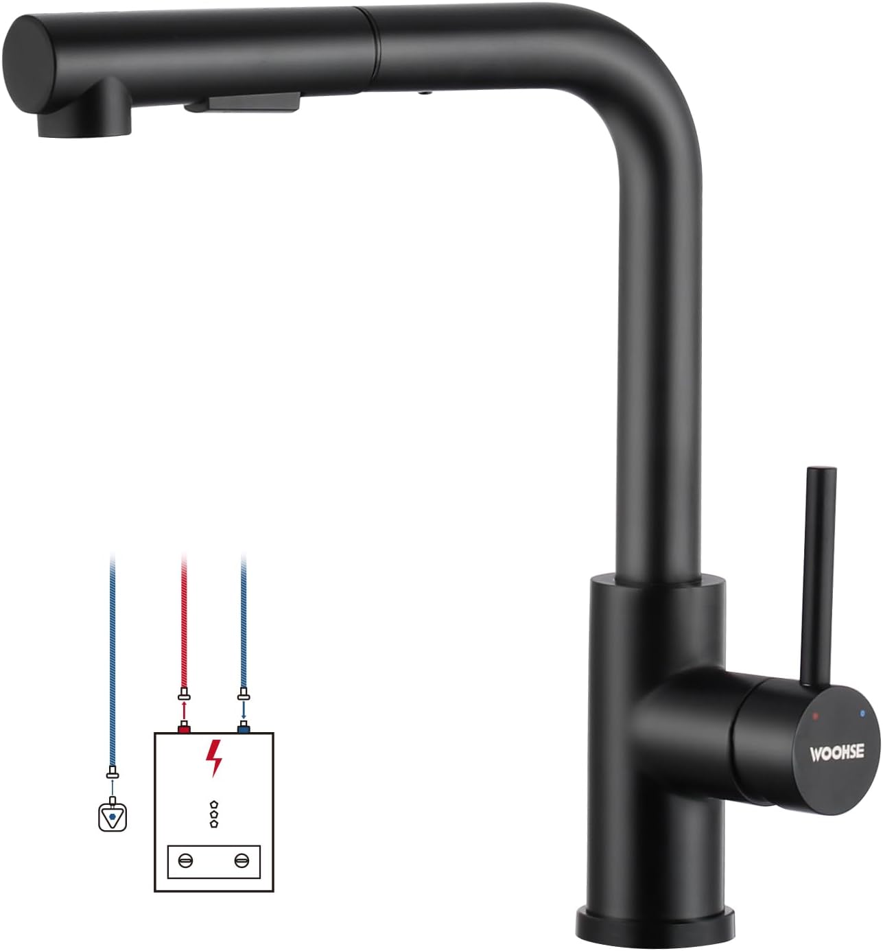Detalle de WOOHSE Niederdruck Küchenarmatur schwarz mit ausziehbarer Brause – 360° drehbar und 2-Strahl-System