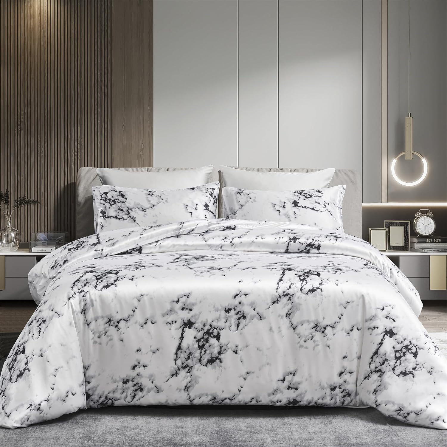 Detalle de Marmoriert Satin Bettwäsche Set 3-teilig 200x220 cm – Schwarz/Weiß, Glänzend, Reißverschluss