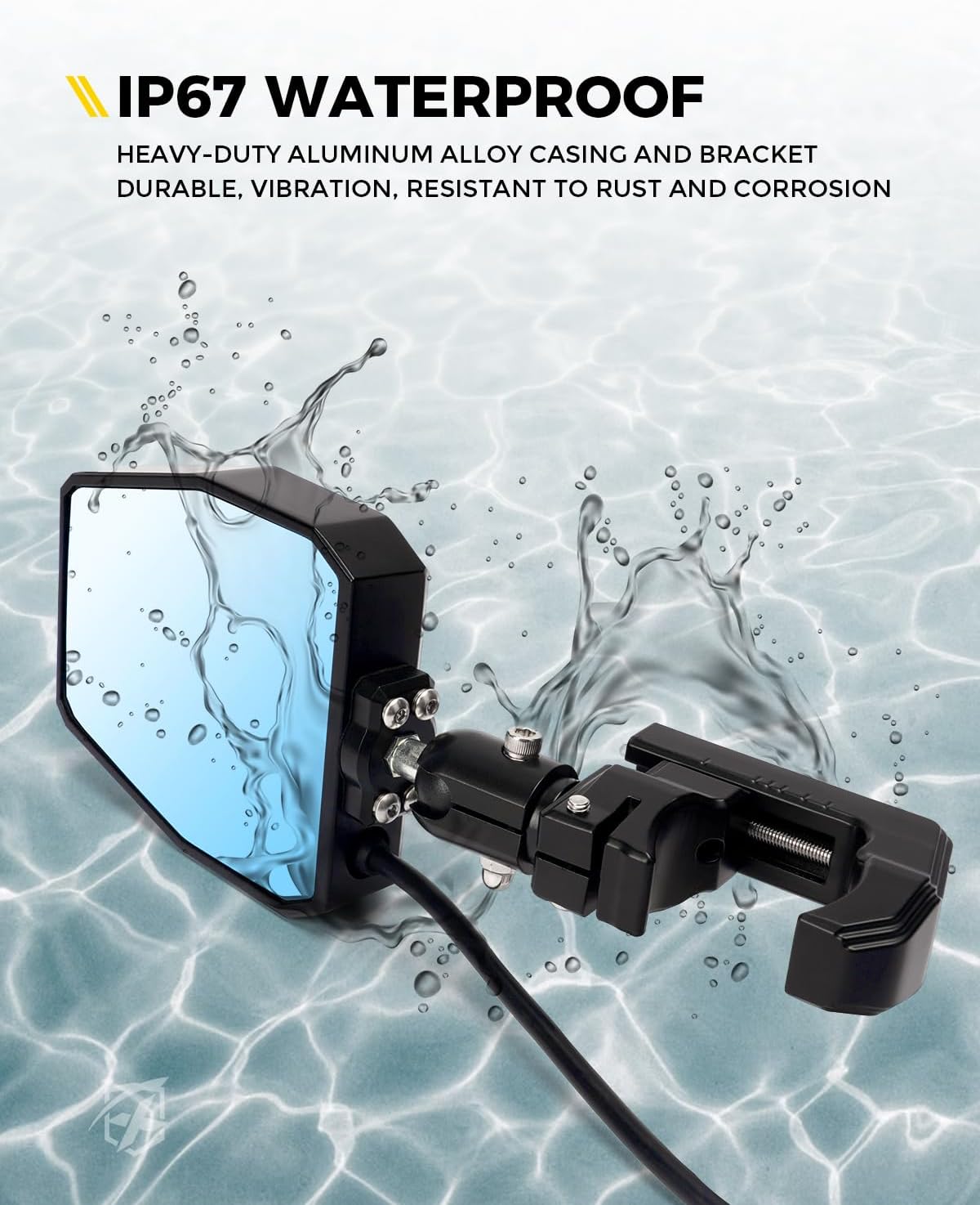 Detalle de Xprite UTV LED Side View Mirrors with Puddle Lights — Aluminum, 1.75"–2" Roll Cage, Smoke Lens