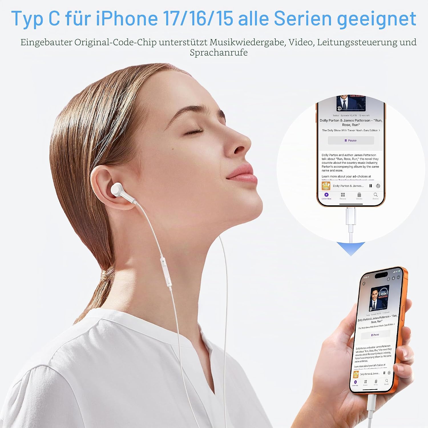 Detalle 2 de suohong iPhone 17 Air USB‑C Kopfhörer mit Kabel (MFi-zertifiziert) – In‑Ear mit Mikrofon und Lautstärkeregler