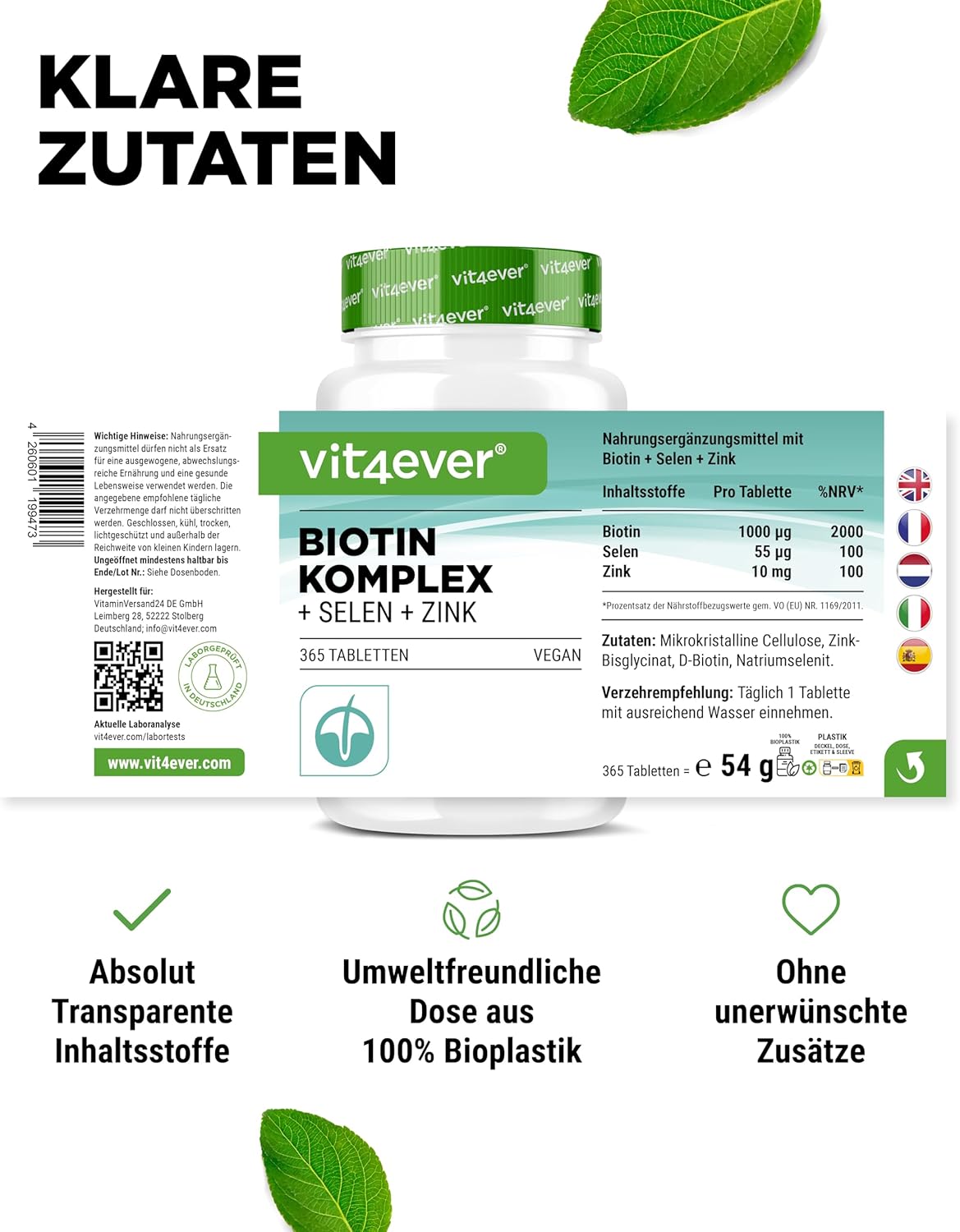Thumbnail 4 de vit4ever Biotin Komplex + Selen + Zink – vegan, 365 Tabletten für Haut, Haare & Nägel
