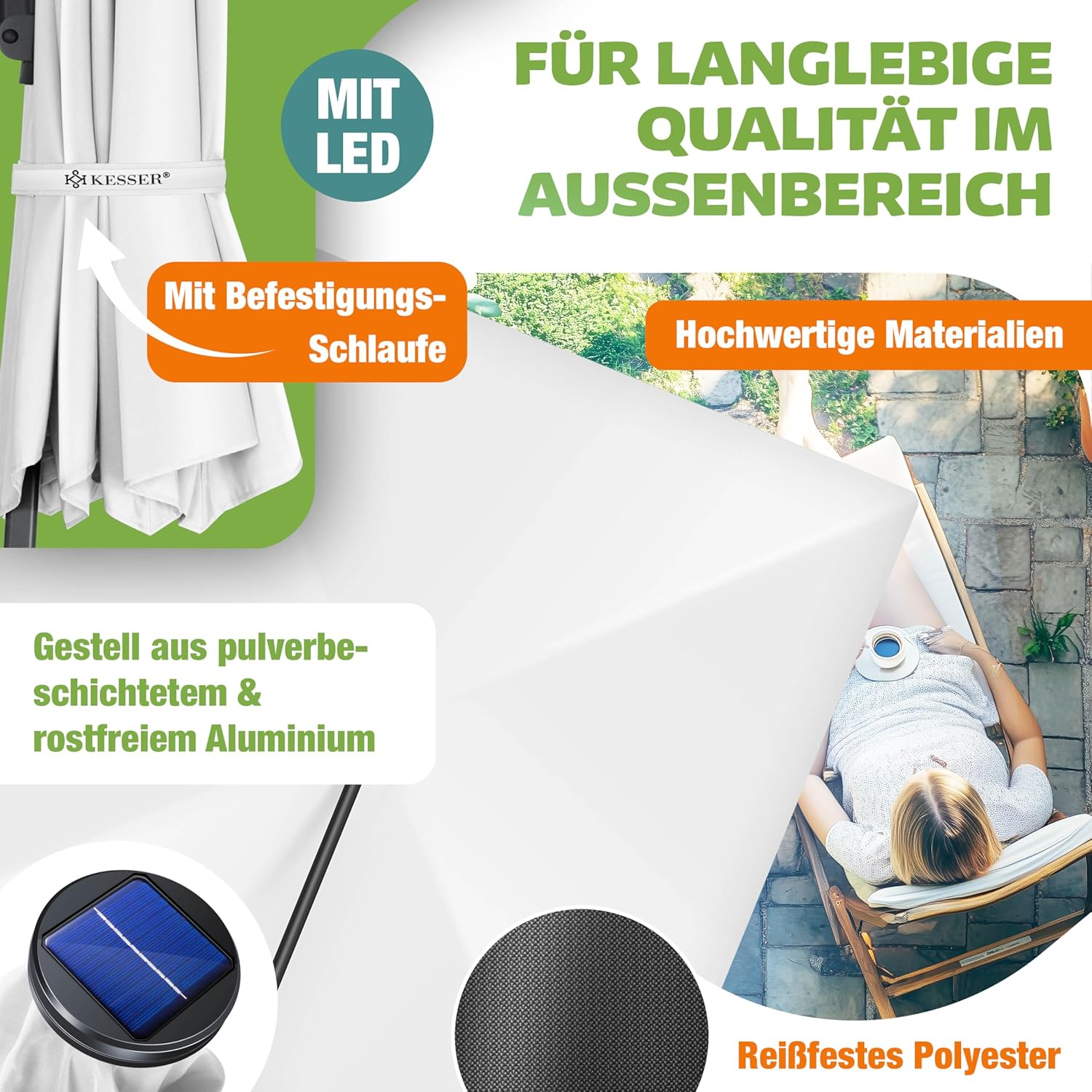Thumbnail 2 de KESSER Sonnenschirm SUN XL Ampelschirm 300 x 300 cm – Drehs/Neigbar, inkl. Abdeckung, Windsicherung, UV50+, Weiß