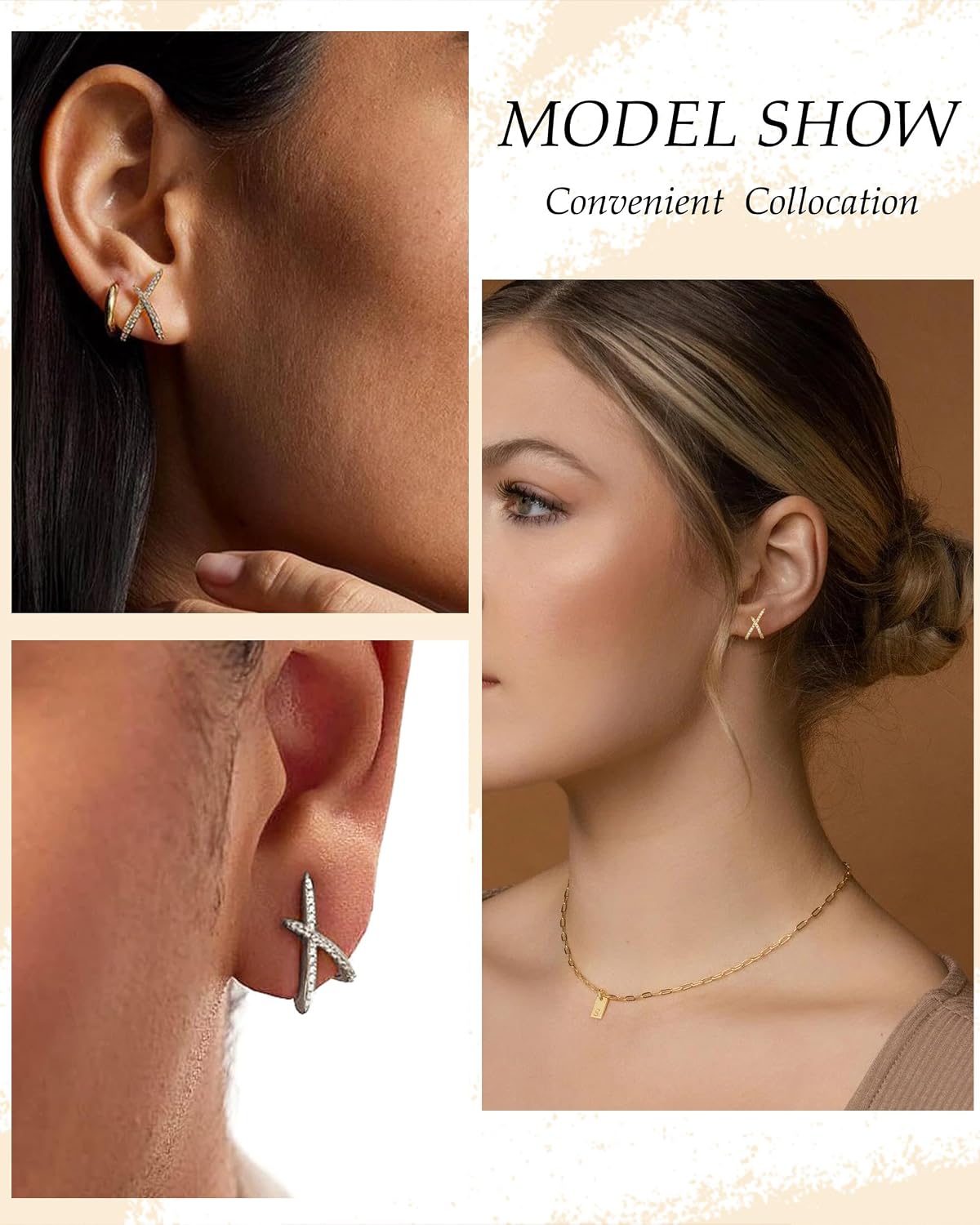 Detalle 2 de HARJJME Ohrstecker Silber 925 Damen, 14K Vergoldet – Minimalistisches X-Design