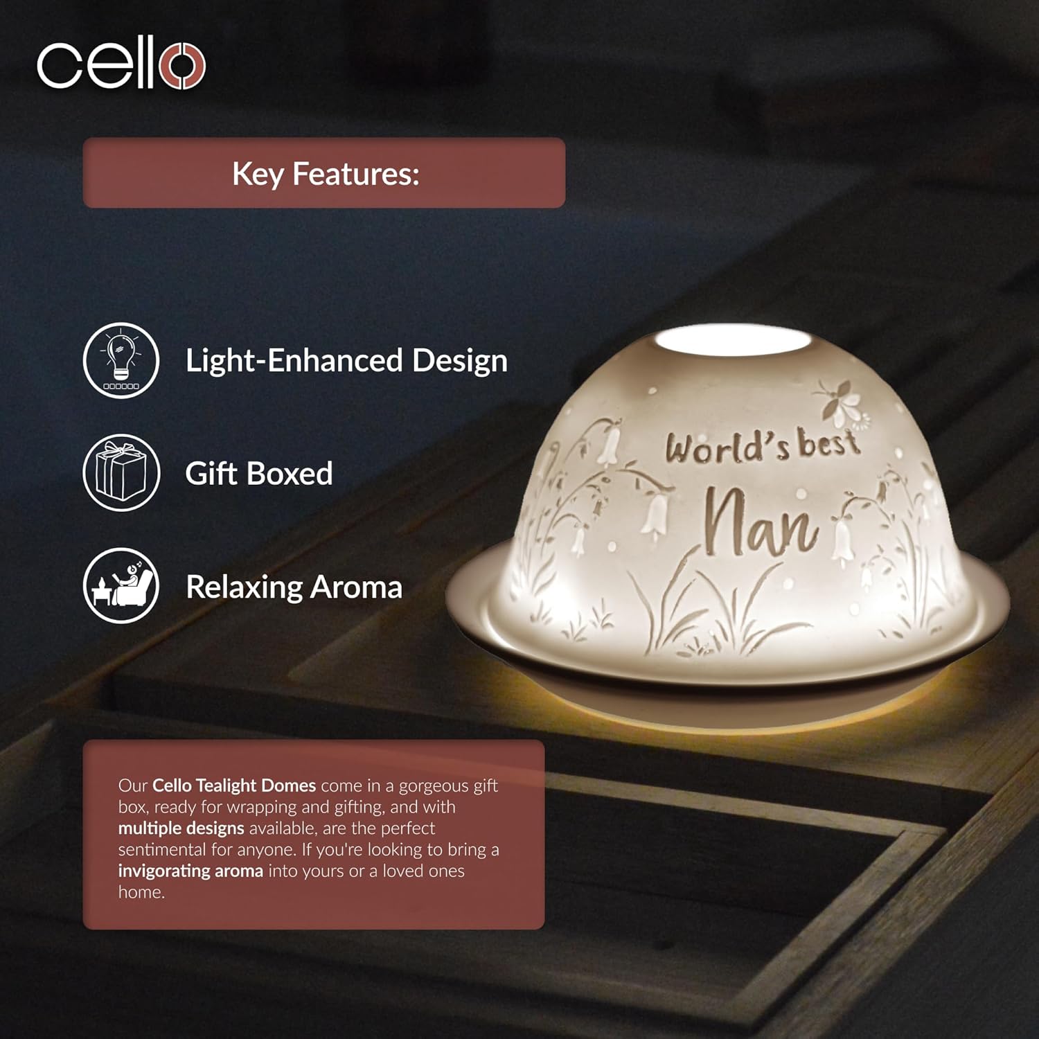 Thumbnail 4 de Cello Porcelain Tealight Holder Dome (World’s Best Nan) – 3D projection LED or tealight wax warmer
