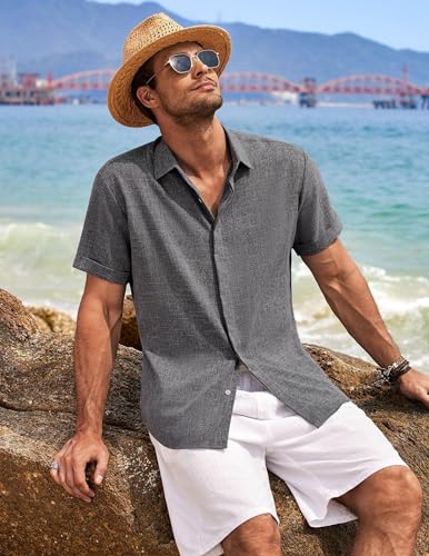 Thumbnail 3 de COOFANDY Camisa de Lino para Hombre de Manga Corta – Gris Oscuro, estilo playa
