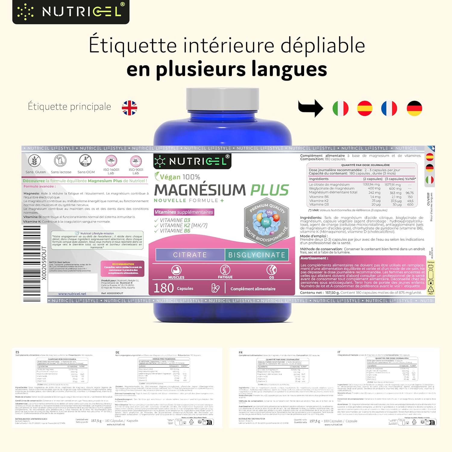 Thumbnail 6 de Magnésium bisglycinate + citrate 2177 mg avec vitamines B6, D3 et K2 – 180 gélules végétaliennes