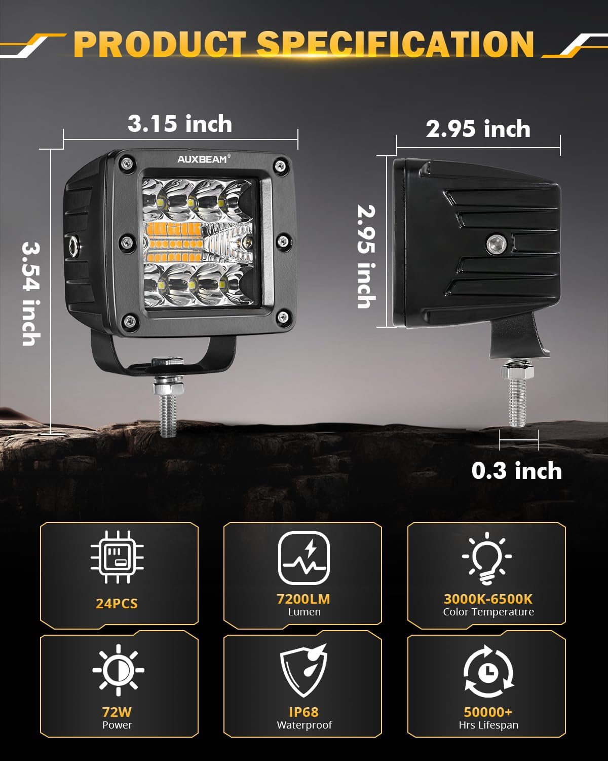 Thumbnail 4 de Auxbeam 3 Inch LED Pod with 6 Modes (Amber/White) – 72W Offroad Light Bar (Combo, Dual Color Strobe) with Memory Function
