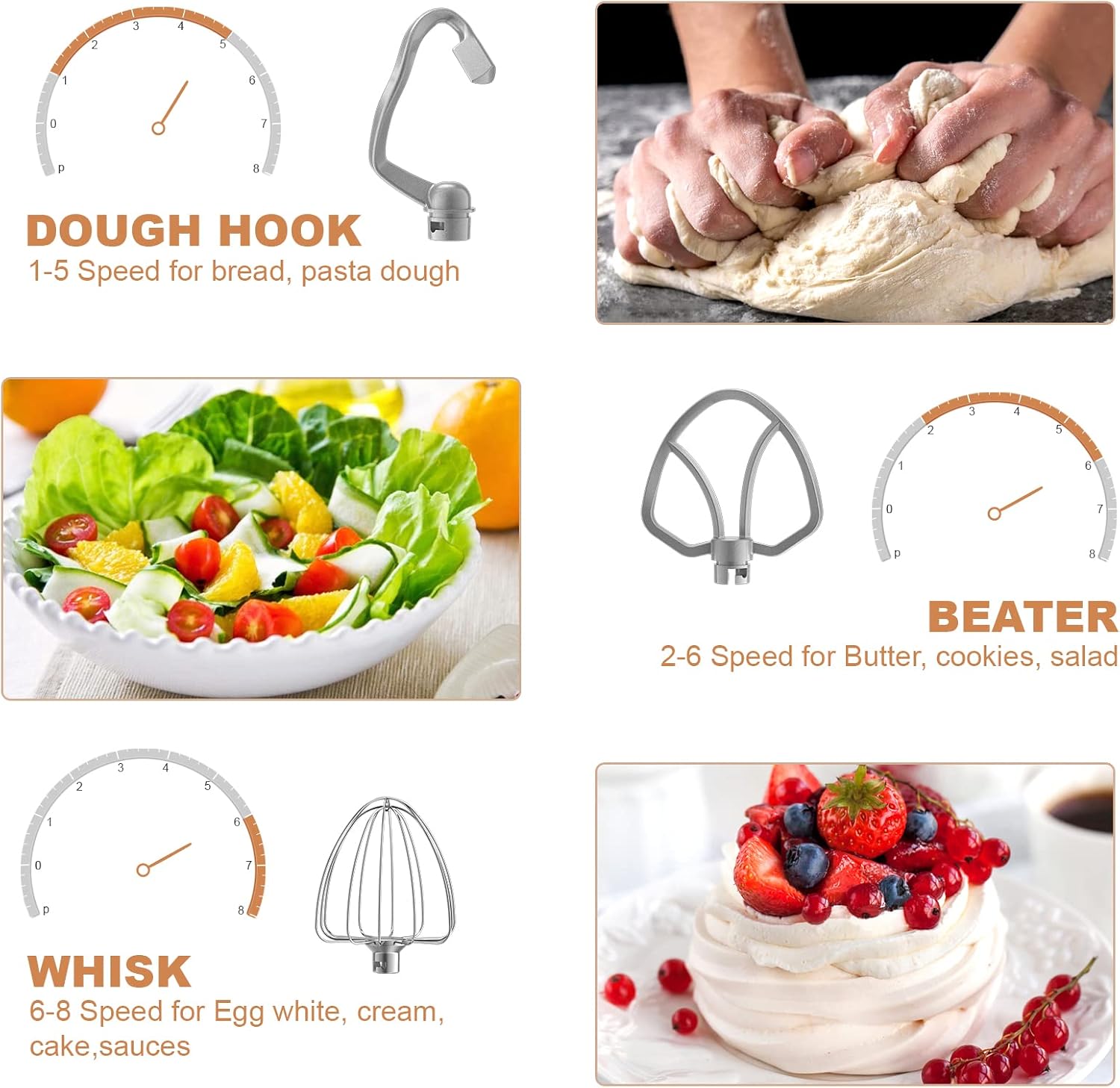 Detalle de Vospeed Stand Mixer 4.5L + 5L Bowls, 1000W Tilt-Head with Dough Hook, Whisk, Beater and Splash Guard – Cream White