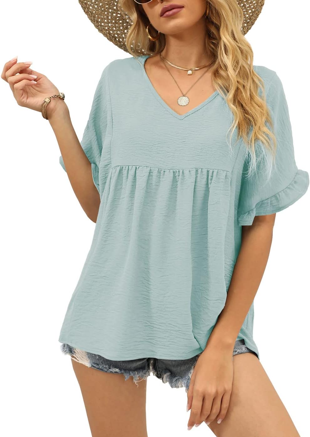 Thumbnail 6 de WIHOLL Women’s V-Neck Ruffle Sleeve Babydoll Peplum Top (Casual Loose Fit)