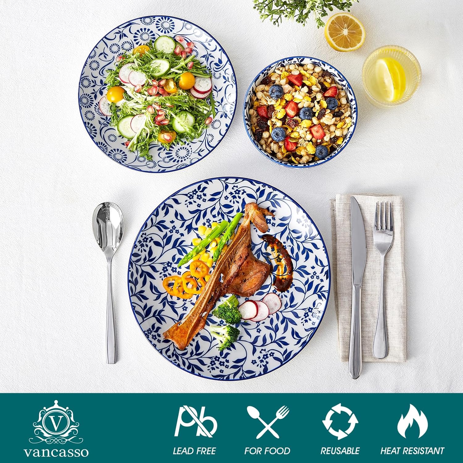 Thumbnail 3 de vancasso SELENE 12-Piece Porcelain Blue Dinnerware Set for 4 (Plates & Bowls)