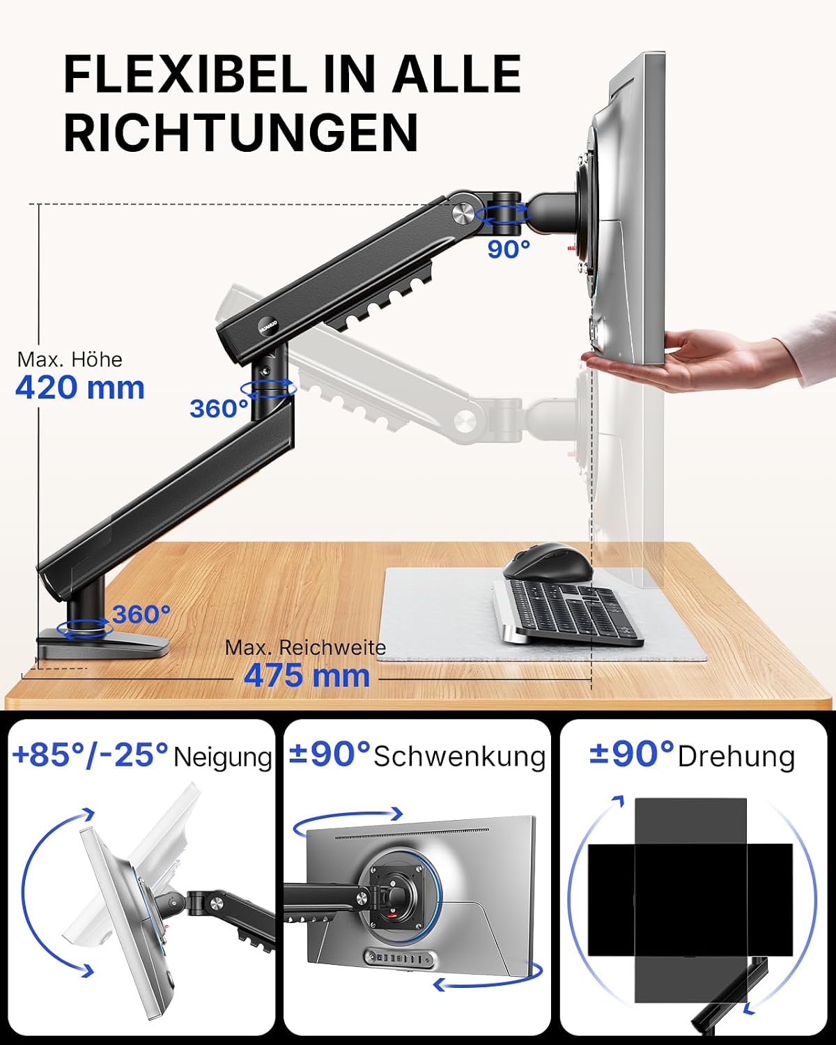 Detalle de HUANUO FlowLift Pro Monitorarm 13–32 Zoll – MechaSpring, 9 kg Tragfähigkeit, VESA 75/100, werkzeuglose Montage