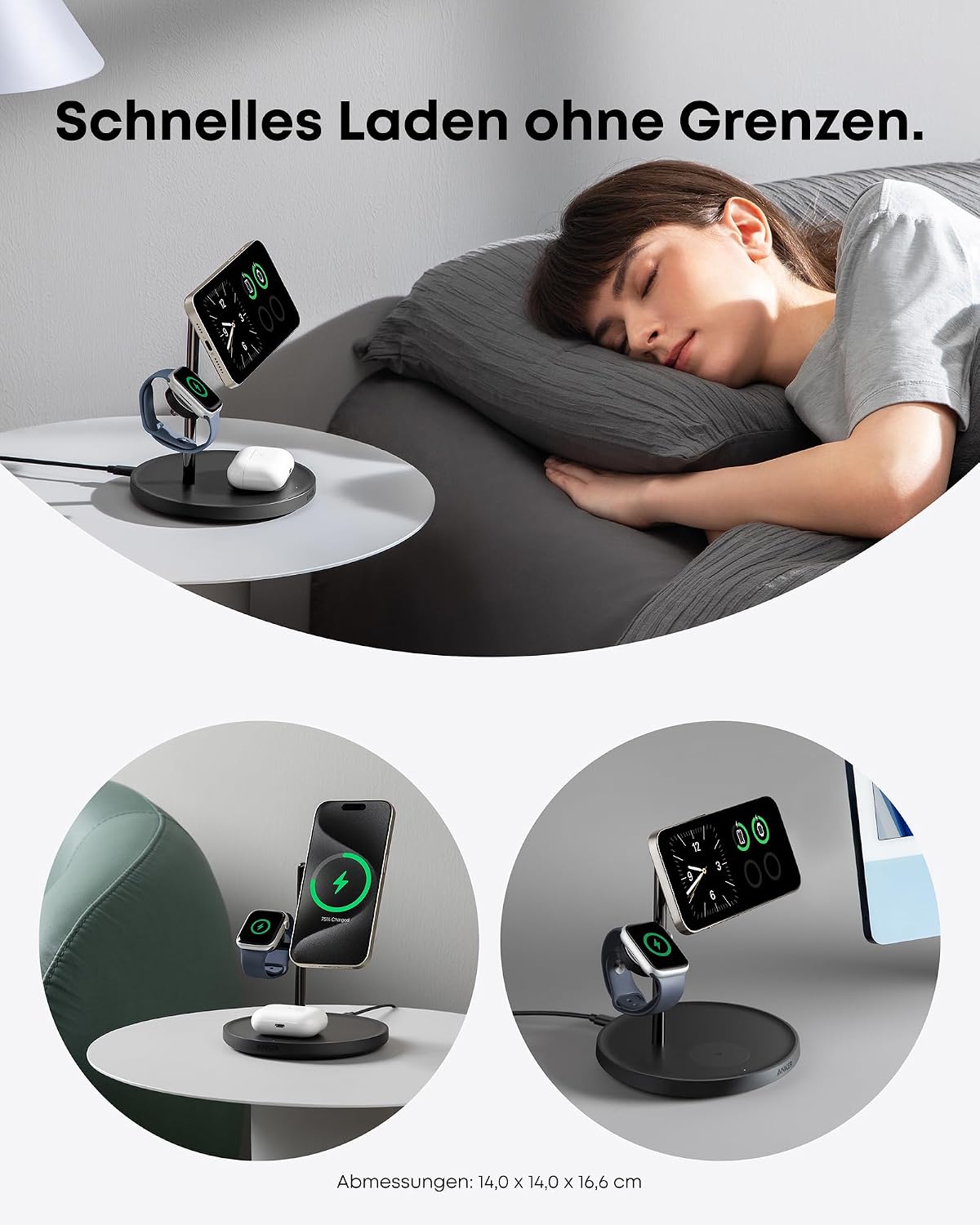 Detalle de Anker MagGo 3-in-1 Kabellose Ladestation – 15W Schnelles Laden für iPhone, AirPods und Apple Watch