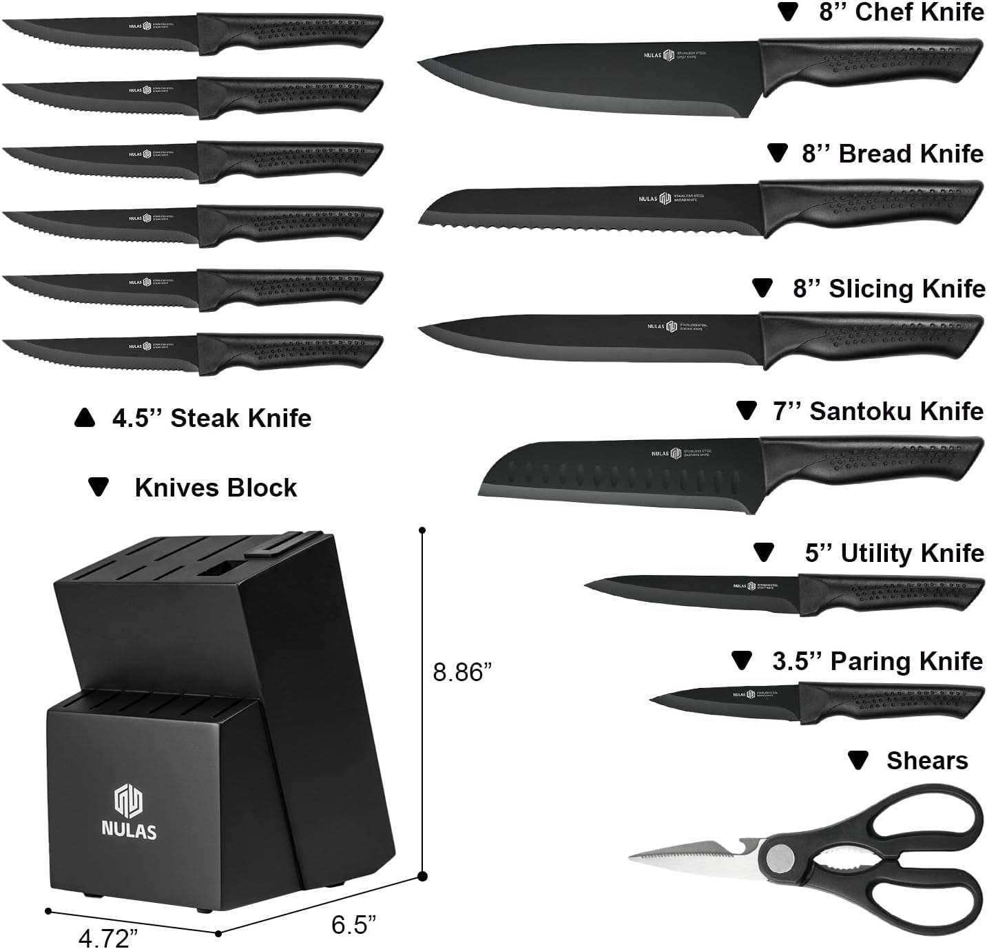 Detalle de NULAS GD-20 15-Piece Kitchen Knife Set with Block and Built-In Sharpener