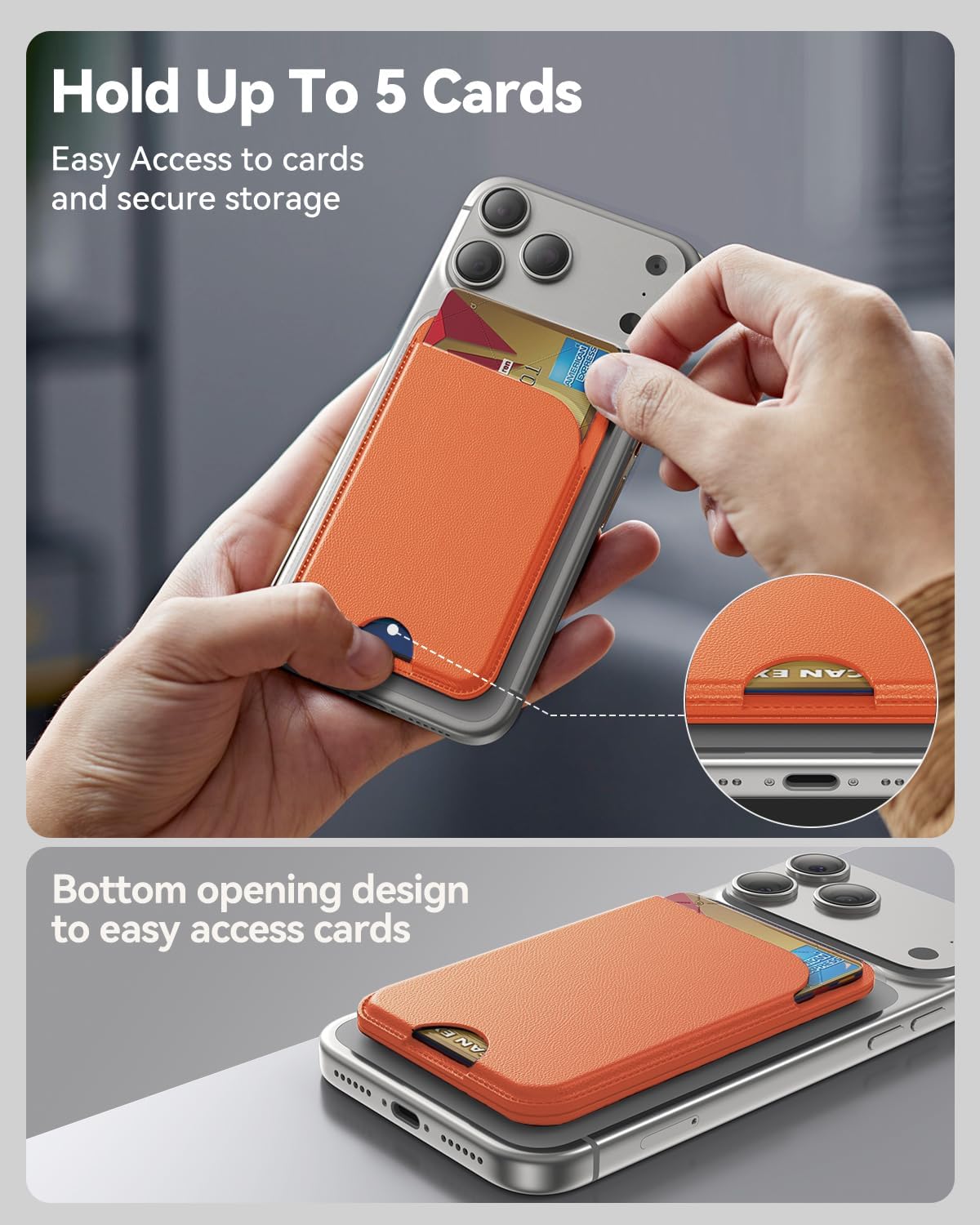 Detalle de TWZKG for MagSafe Wallet: 5-card magnetic wallet stand with RFID blocking (Orange)