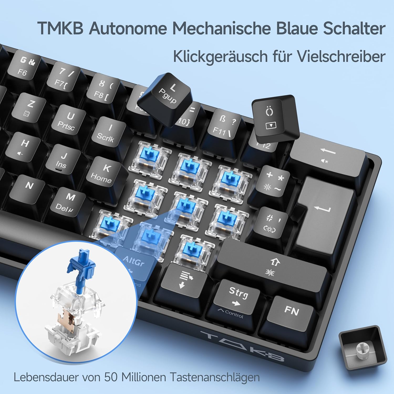 Detalle de TMKB T61SE Gaming Mechanische Tastatur mit Deutsches QWERTZ Layout, Blauer Schalter, Schwarz