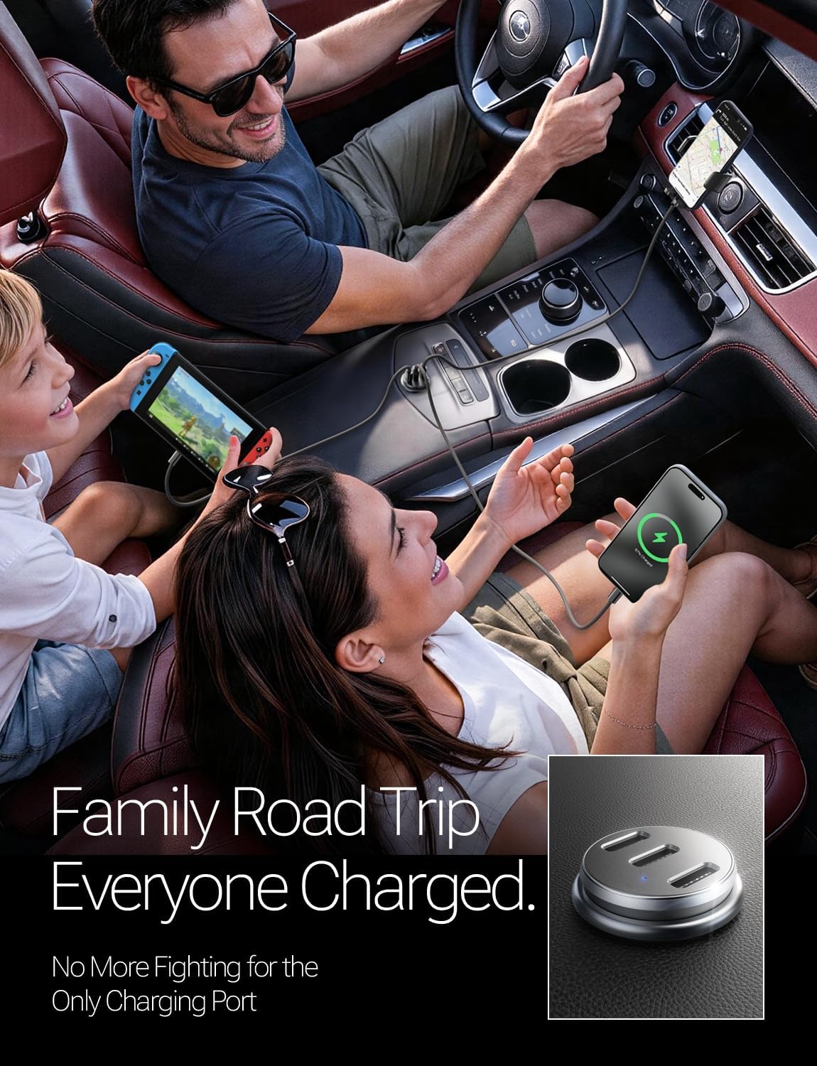 Detalle de LISEN Mini USB‑C Car Charger Fast Charge 72W | Three‑Port 12V Car USB Adapter with 60W USB‑C Cable