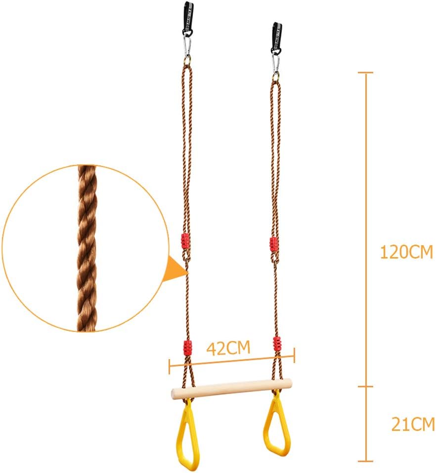 Detalle de GOLDGE Trapez Schaukel Holz – Outdoor Schaukel mit Turnringen, Dinosaurier-Aufklebern und verstellbarem Seil