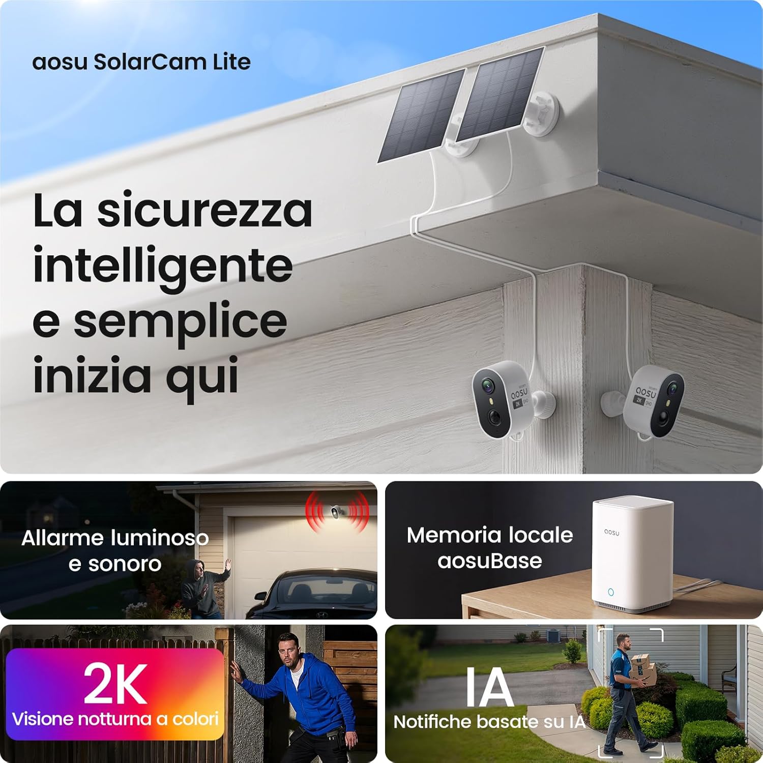 Detalle 2 de aosu Cámara di Vigilanza 2K Exterior Solare Kit 2 Cámaras con Aosubase 2.0 - Soluzione wireless 24/7