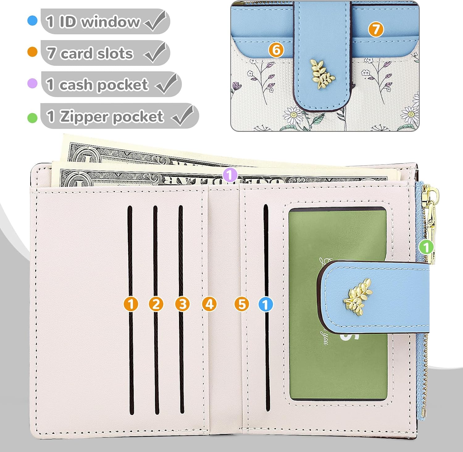 Detalle de Busnos Purses for Women: Small Blue PU Leather Card Holder Wallet with RFID Blocking