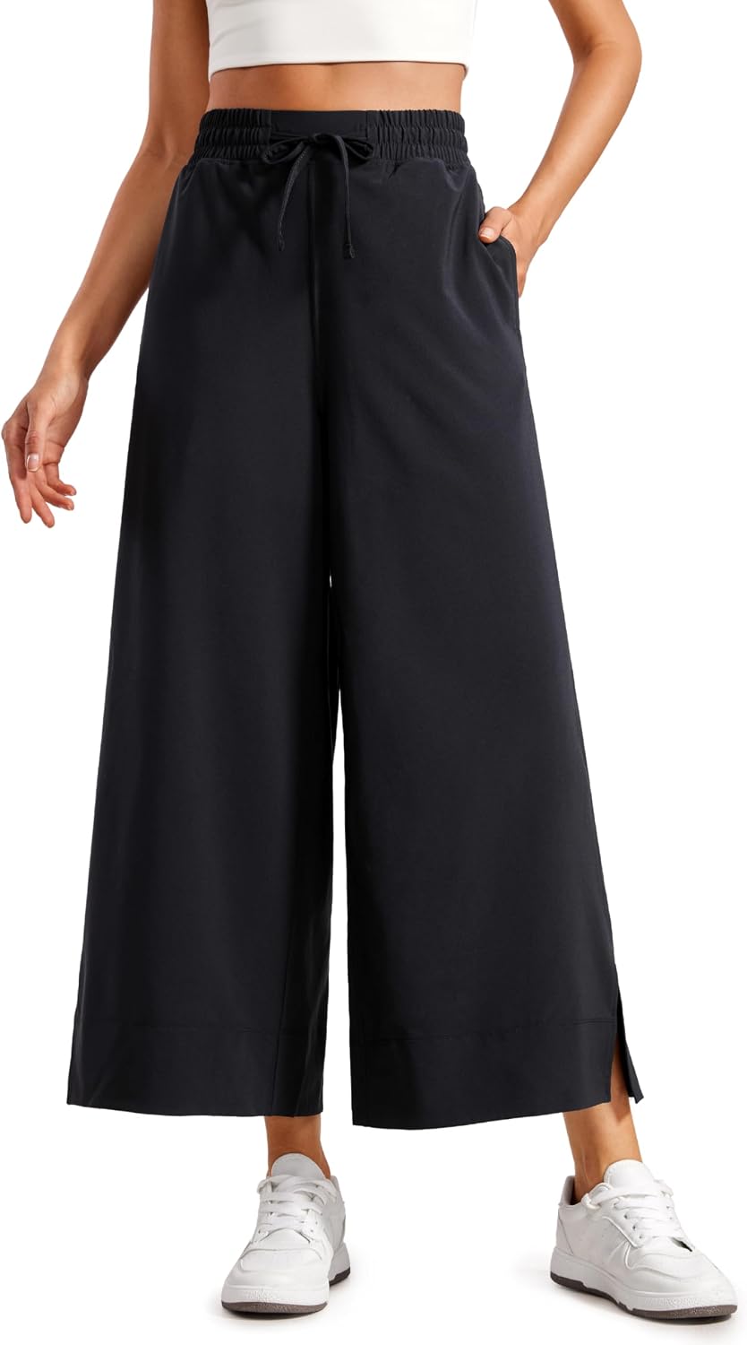 Detalle de CRZ YOGA pantaloni capri leggeri a gamba larga, vita alta, con tasche (gamba lunga) per donna