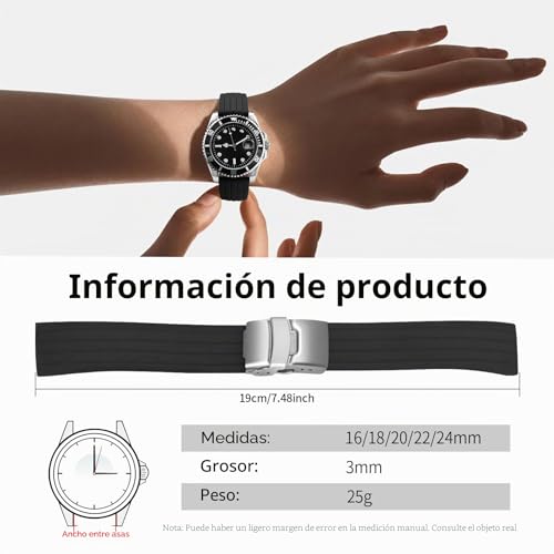 Detalle 2 de ULLCHRO Correa de reloj en silicona con hebilla desplegable 22mm negro