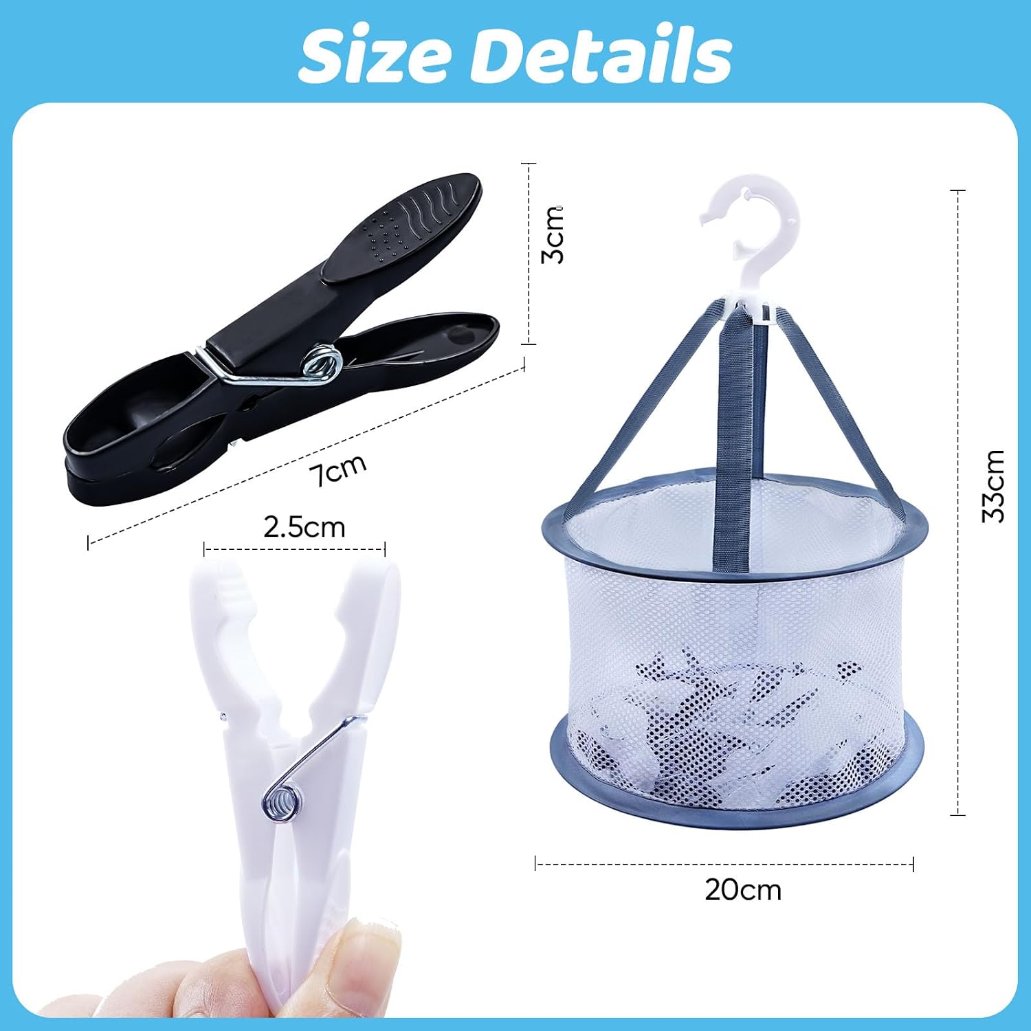 Detalle de KEYBOO 48 Pcs Clothes Pegs with Bag for Washing Line – Strong Plastic Pegs in Black & White with Mesh Basket
