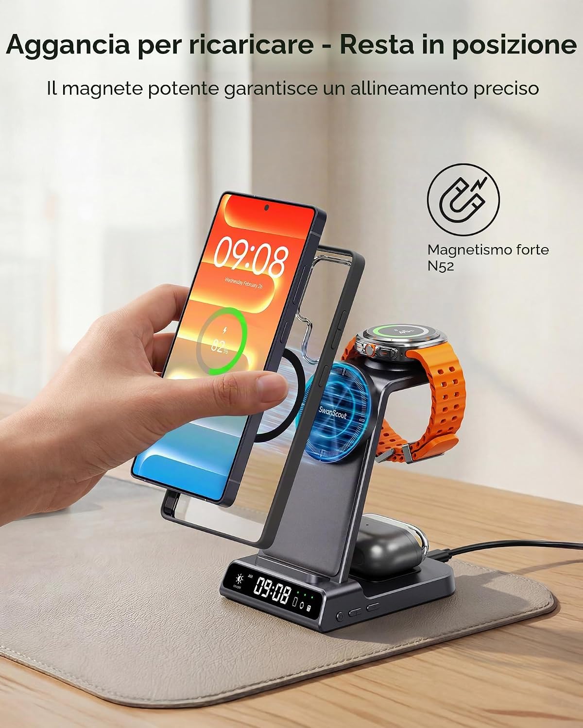 Detalle de Caricatore magnetico 3 in 1 SwanScout C01SM per Galaxy S26 Ultra, Watch e Buds 3 Pro/3