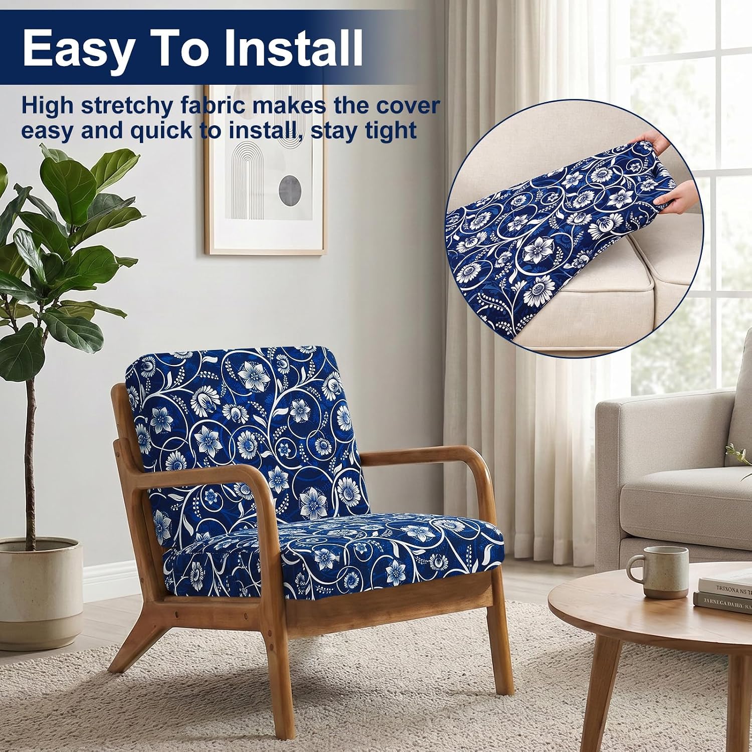 Thumbnail 6 de Smiry HWZDT004 Stretch Patio Cushion Covers, Navy Floral, Waterproof, 4-Piece