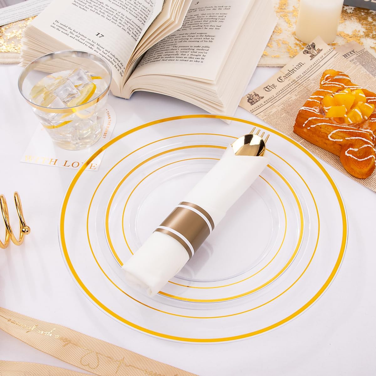 Thumbnail 6 de DaYammi 350-Piece Clear Gold Plastic Dinnerware Set for 50 Guests