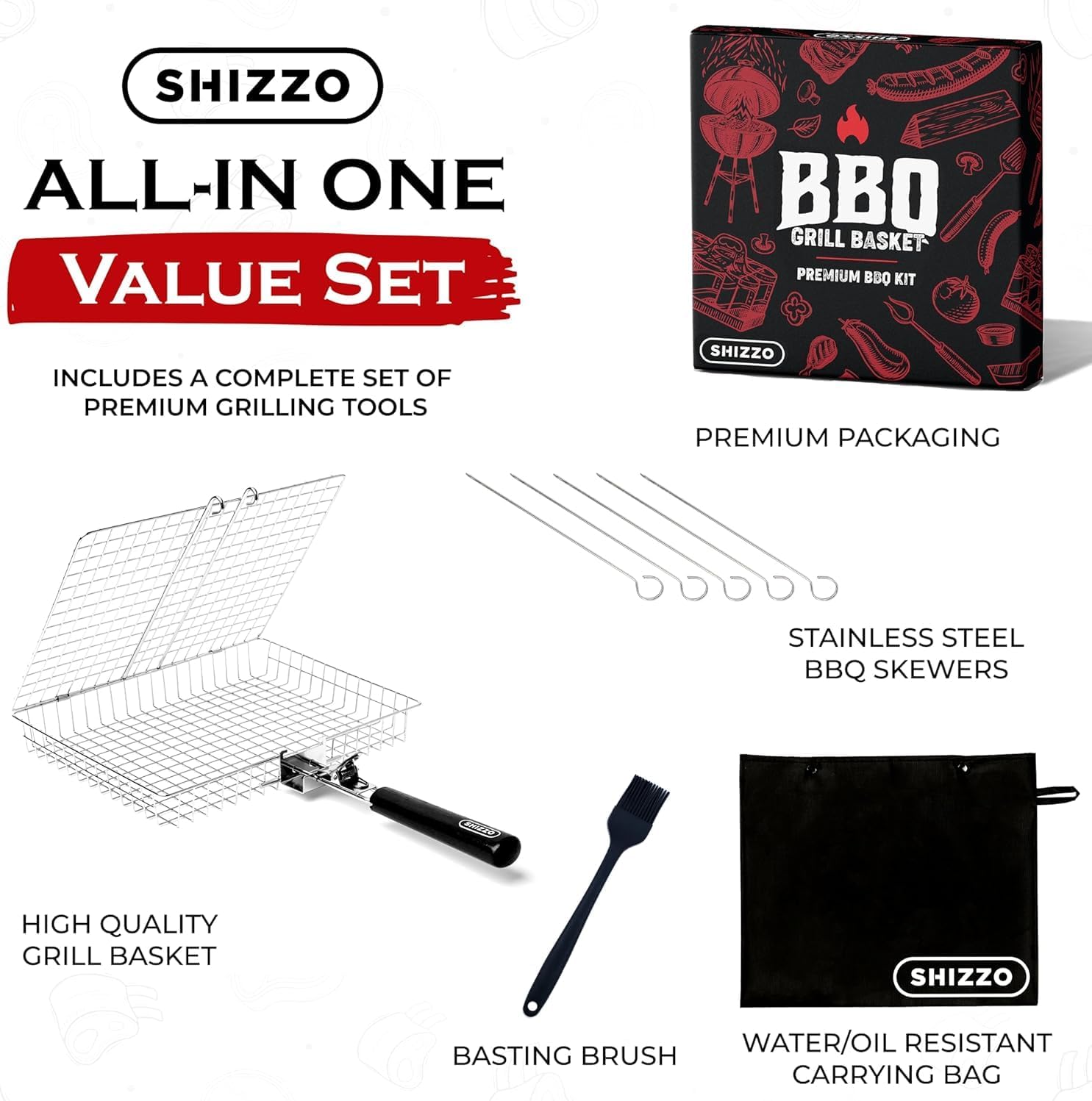 Detalle de SHIZZO EA-G5JB-V5TC Stainless Steel Grill Basket Set with Removable Handle