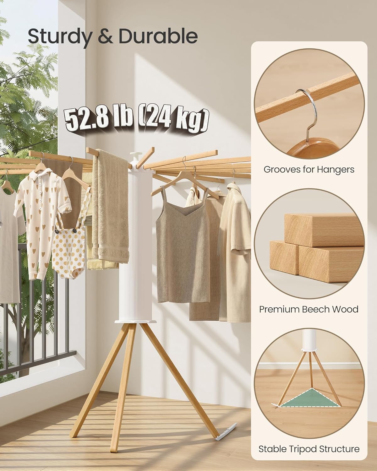 Detalle de SONGMICS ULLR530YW01 Foldable Clothes Drying Rack with 16 Rotating Beech Wood Arms