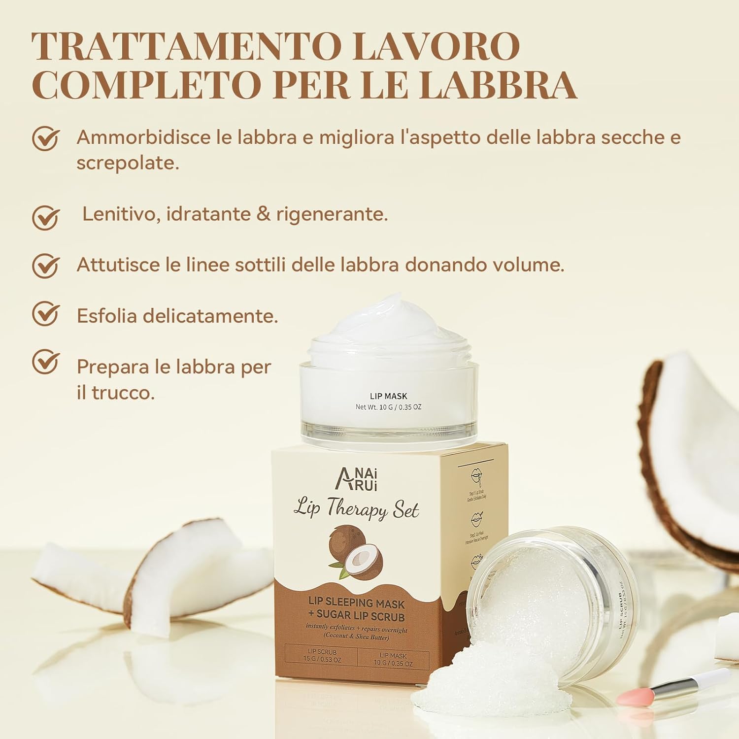 Detalle de ANAiRUi Set Cura Labbra Cocco, Karité e Vitamina E (scrub esfoliante + maschera nutriente notturna)