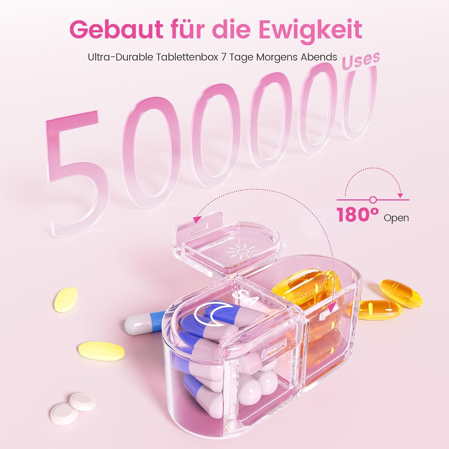 Detalle de Daviky Pillendose 7 Tage – kompakte Wochenbox für Morgens & Abends, BPA-frei, lichtundurchlässig, 180° Deckel