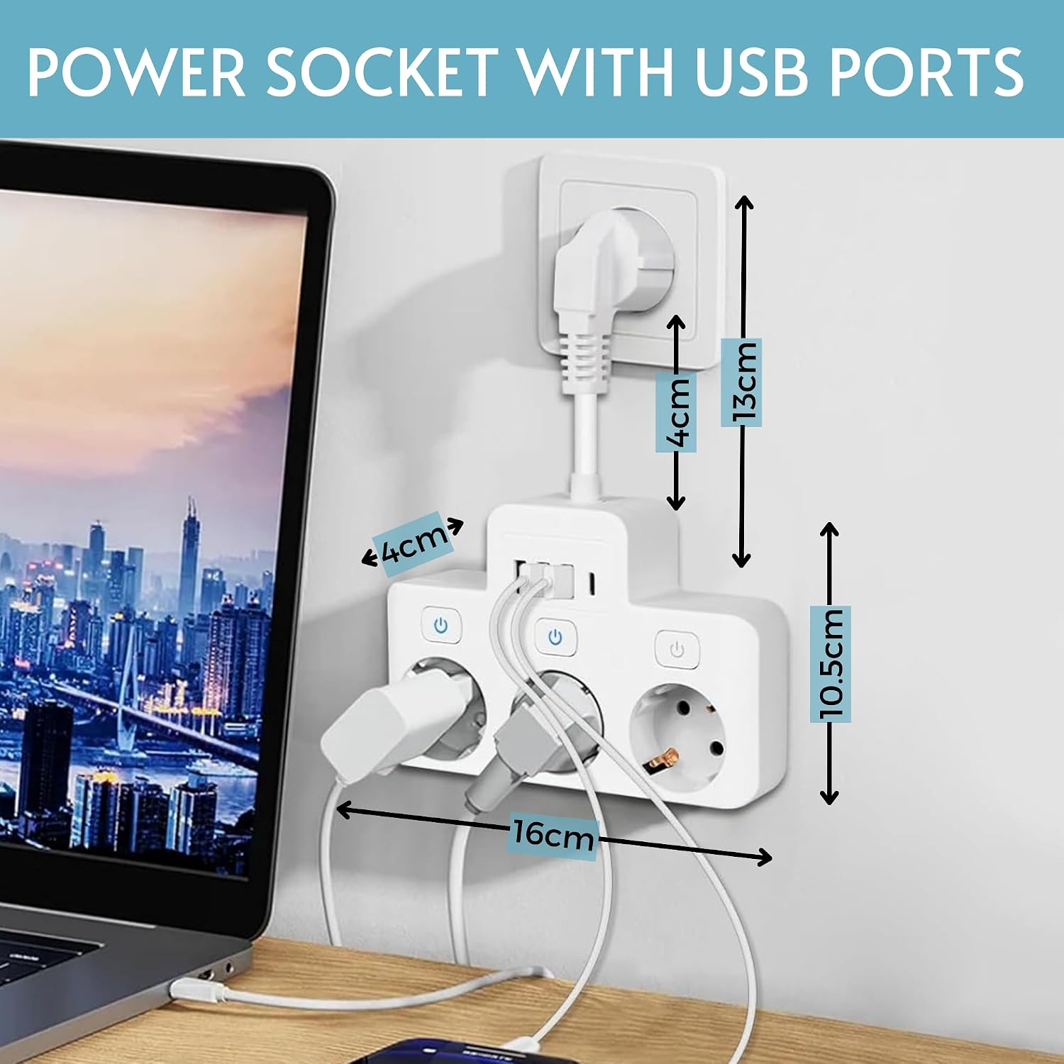 Detalle de MAGIC SELECT grenuttag med 3 uttag, individuella brytare och USB-C