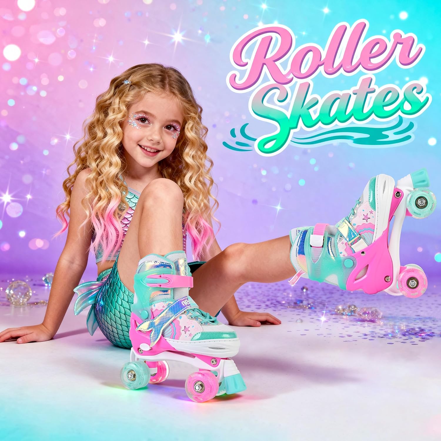 Thumbnail 5 de NEMONE Mermaid Light-Up Adjustable Roller Skates (4-Size) for Girls, Purple-Blue