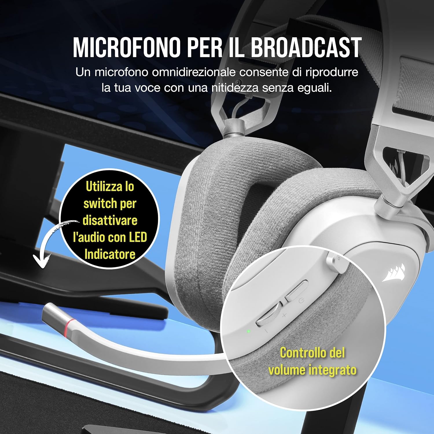 Detalle de CORSAIR HS80 RGB Wireless: cuffie da gioco multipiattaforma con Dolby Atmos e microfono omnidirezionale