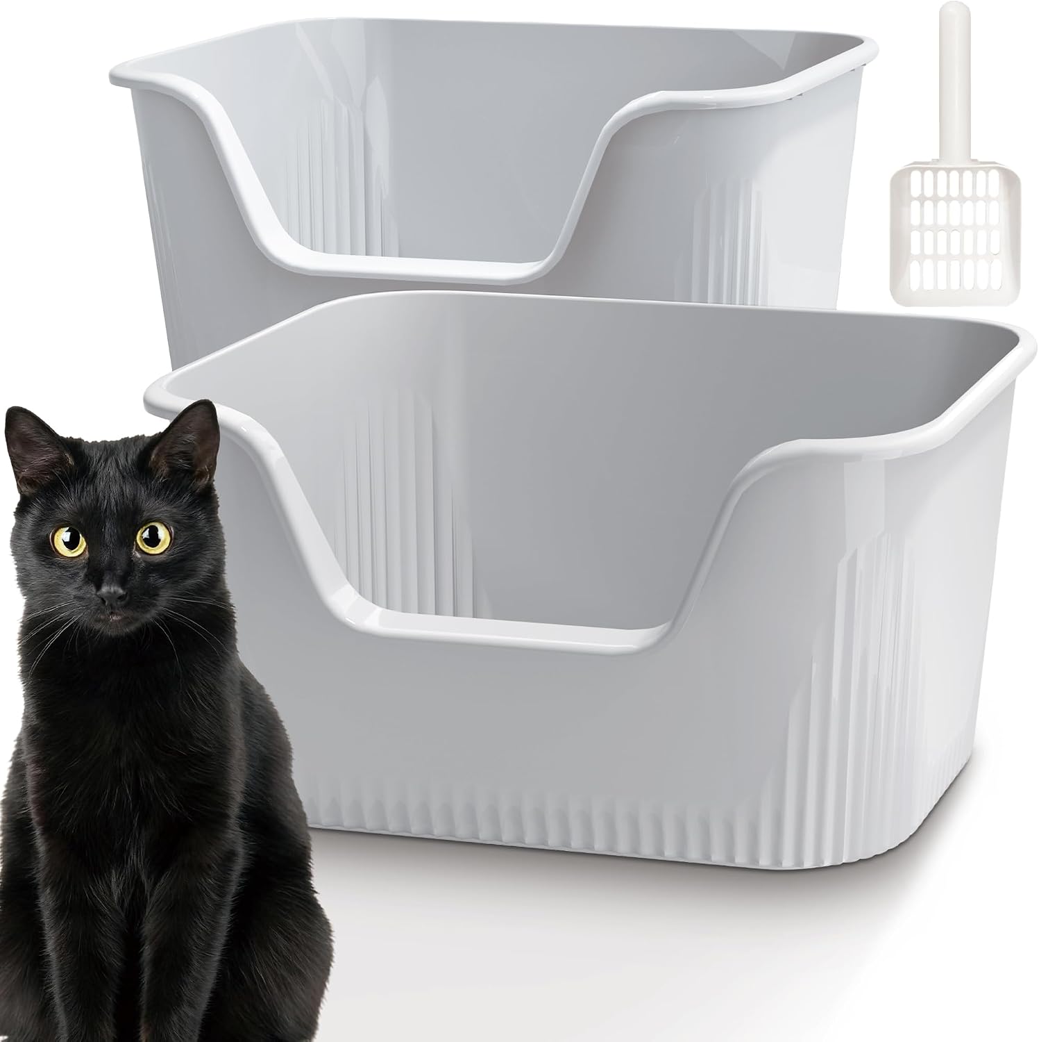 Detalle de Vealind Cat Litter Tray High Sided with Side Entry (2 Pack) with Scoop – Deep, Anti-splash kitten litter box