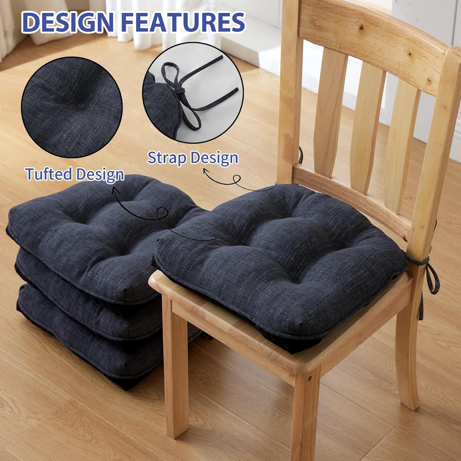 Thumbnail 1 de IPYNBAP Tufted Memory Foam Chair Cushions (Set of 4) for Dining Chairs, Navy Blue, 15.5 in x 15.5 in x 4 in