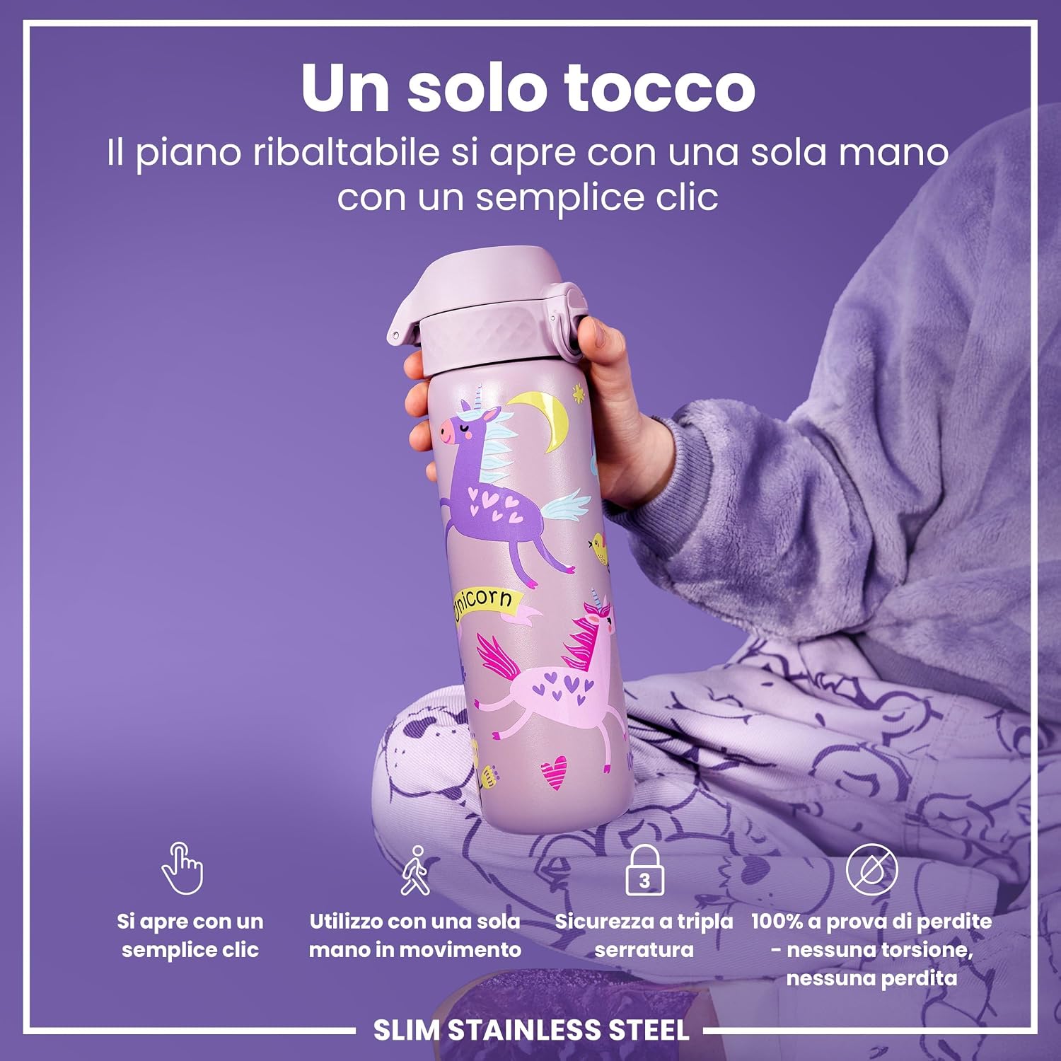 Detalle de Ion8 Borraccia Inox Leggero 600ml – non isolata, anti-perdite, lavabile in lavastoviglie, lilla unicorno