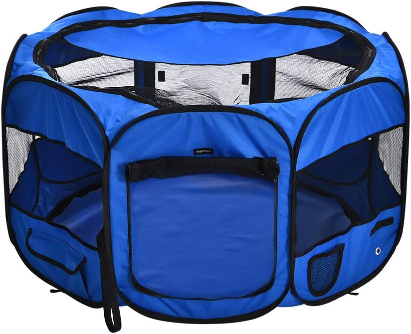 Detalle de Amazon Basics ośmiokątny kojec dla zwierząt 114 cm, składany, niebieski