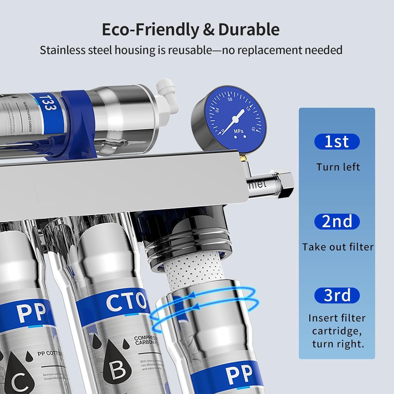 Detalle de EIREE HB502B Under-Sink Water Filter, 0.01 μm Membrane, Stainless Steel